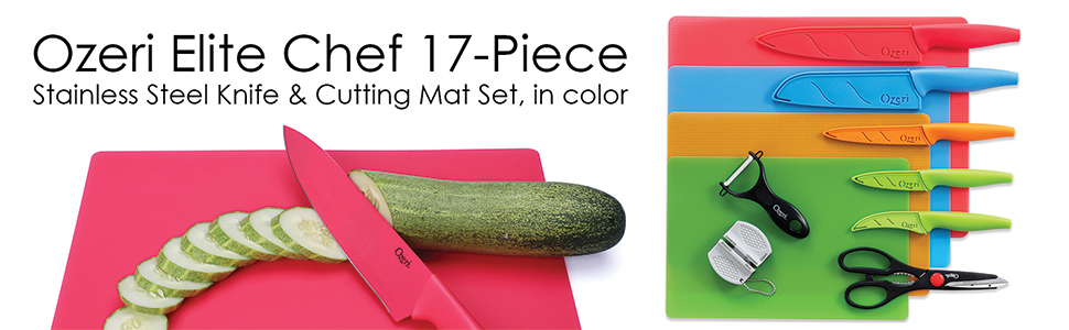 Ozeri Elite Chef 15-Piece Stainless Steel Knife & Cutting Mat Set, in Color