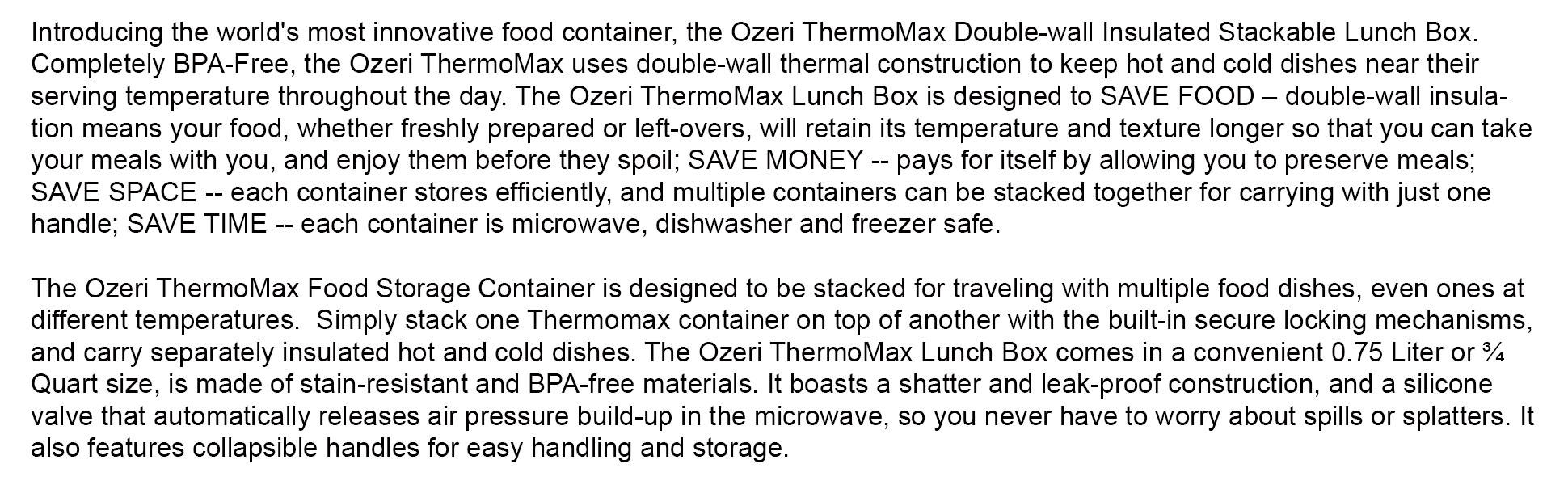 Ozeri FS3-BK ThermoMax Stackable Lunch Box Food Storage Container Black 