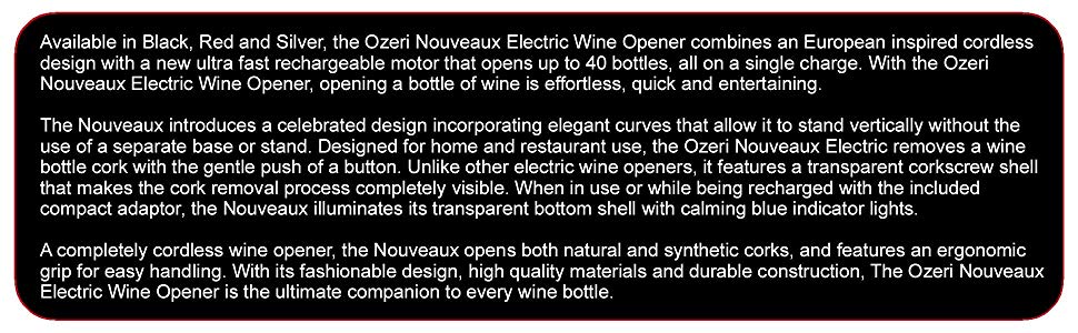 Ozeri OW02A-B Nouveaux Electric Wine Opener with Removable Free Foil Cutter, Elegant Black
