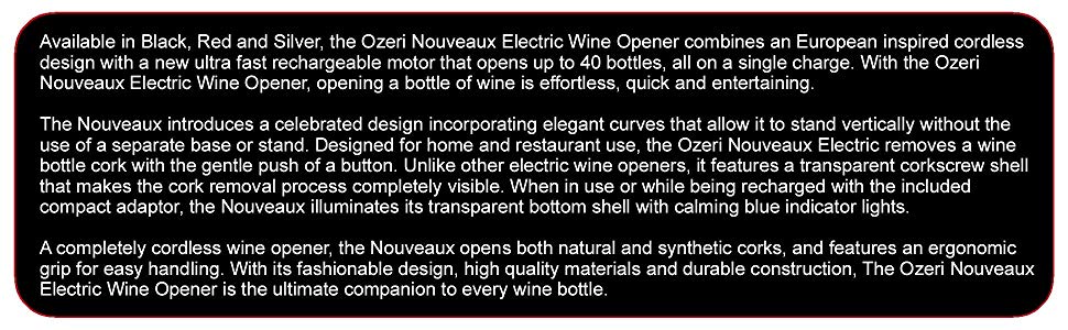 Ozeri Nouveaux Electric Wine Opener with Removable Free Foil Cutter, Refined Silver