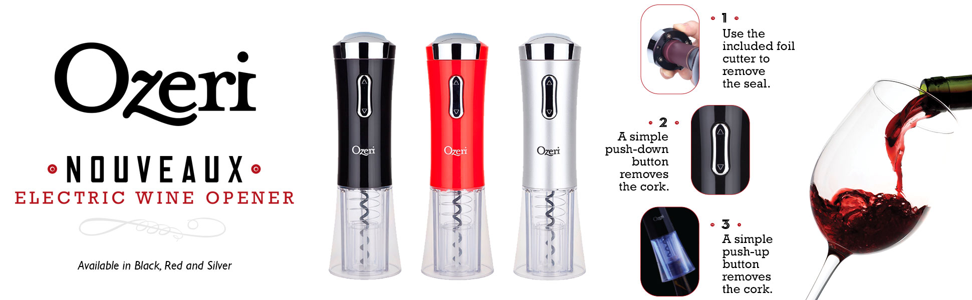 Ozeri Nouveaux Electric Wine Opener with Removable Free Foil Cutter, Stylish Red