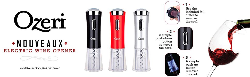 Ozeri Nouveaux Electric Wine Opener with Removable Free Foil Cutter, Refined Silver